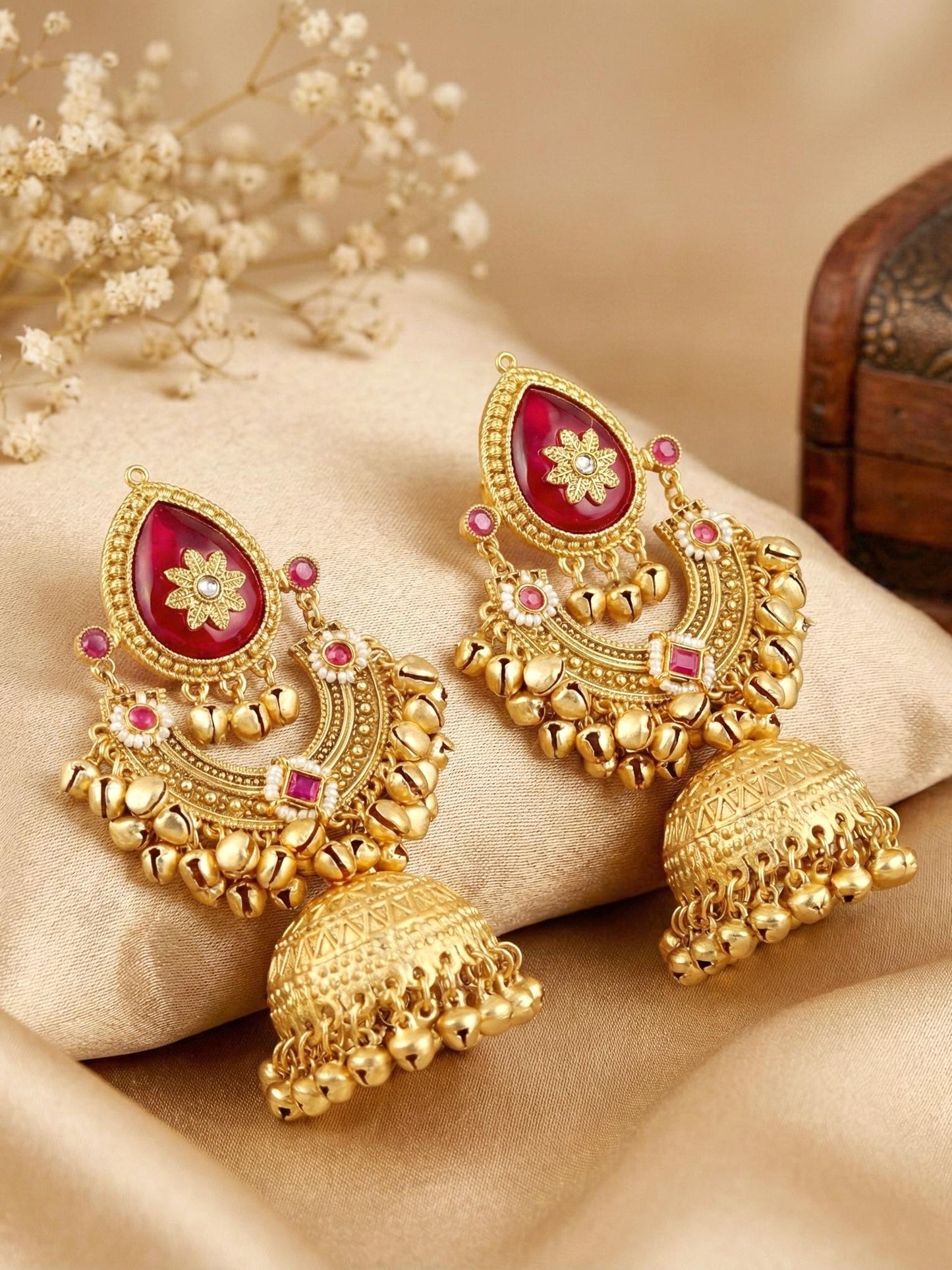 LUCKY JEWELLERY  Traditional Gold Plated Kashmiri Jhumka Earrings with Ruby Stone and Ghungroo for Girls & Women |  Designer Jhumkee Earring Set | Birthday Gift Earrings Valentine Anniversary Gift