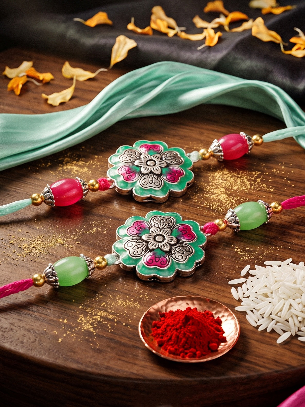Set of 2 Floral Rakhi for Brother with Magenta & Mint Beads, Roli Chawal & Card (108-CHR1-1966-MNTR-S-2-2026)