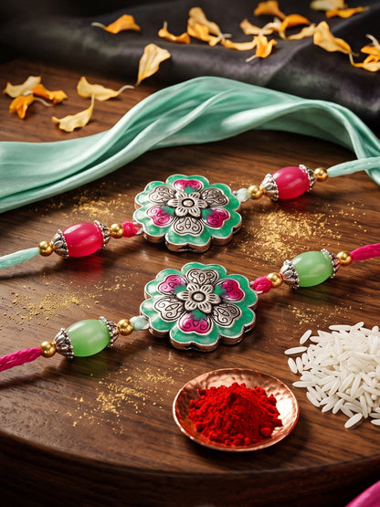 Set of 2 Floral Rakhi for Brother with Magenta & Mint Beads, Roli Chawal & Card (108-CHR1-1966-MNTR-S-2-2026)