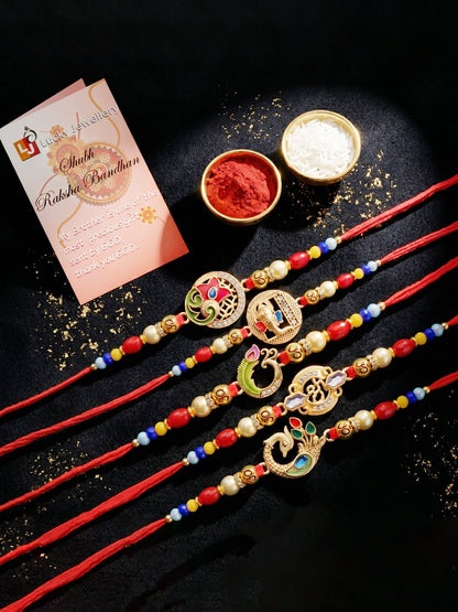 Lucky Jewellery Set of 10 Designer Rakhi for Brother | Golden Om, Krishna & Ganesha Beaded Threads with Roli, Chawal & Card (720-S5R1-2304-10)