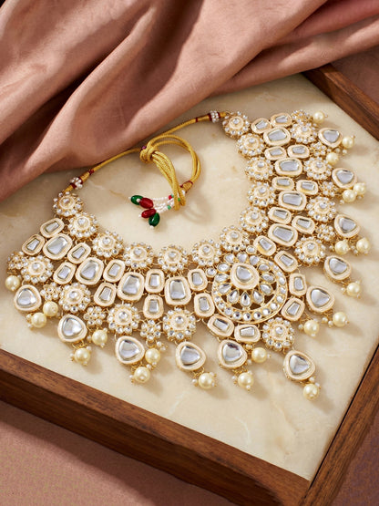 Bridal Kundan White Pearl Choker Jewellery Set with Hathphool & Nath (2541-IZK-554-W)