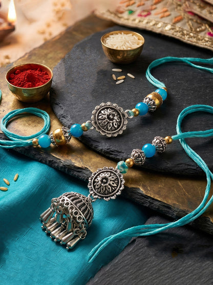 Set of 2 Bhaiya Bhabhi Rakhi Set with Oxidised Floral & Jhumka Lumba, Blue Beads,Roli Chawal & Card (144-JPCR1-1983-S-2-2026)