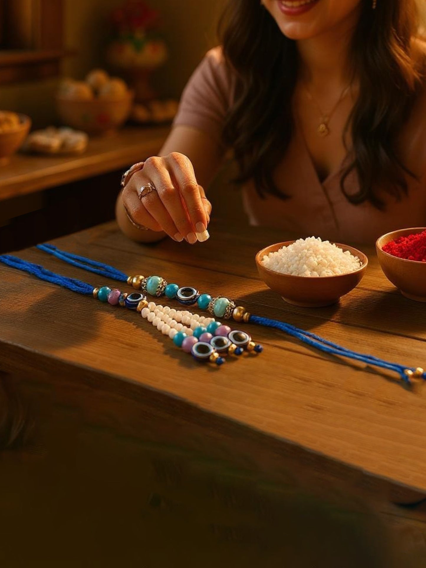 Lucky Jewellery Designer Blue Color Evil Eye Rakhi - Rakshabandhan Rakhee with Pearl Lumba Bracelet for Brother/Bhaiya/Bhai/Bhabhi - Pack of 2 (75-J5R1-1993-EE-2)