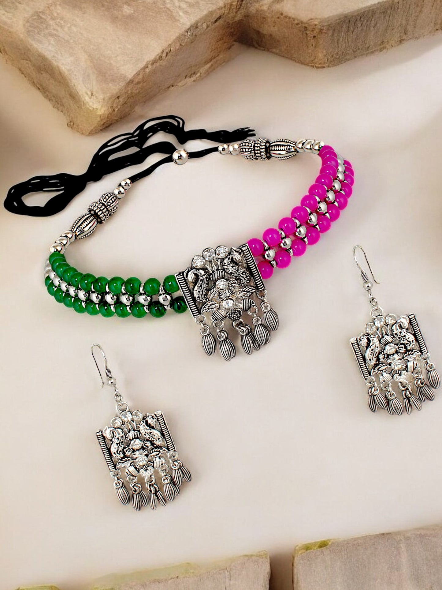 Navratri, Dandiya Garba Festival Jewellery Beads Choker Necklace with Earring
