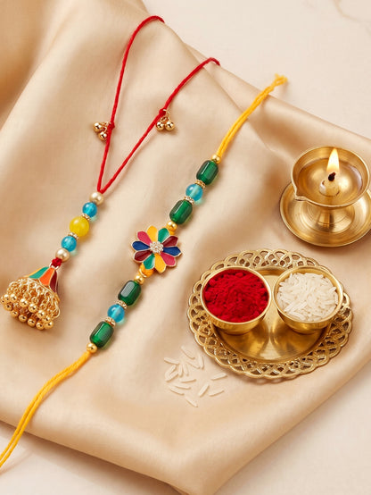 Set of 2 Bhaiya Bhabhi Rakhi Set with Floral Centerpiece & Jhumka Lumba, Roli Chawal & Card (240-CHCR1-1146-MT-2-2026)