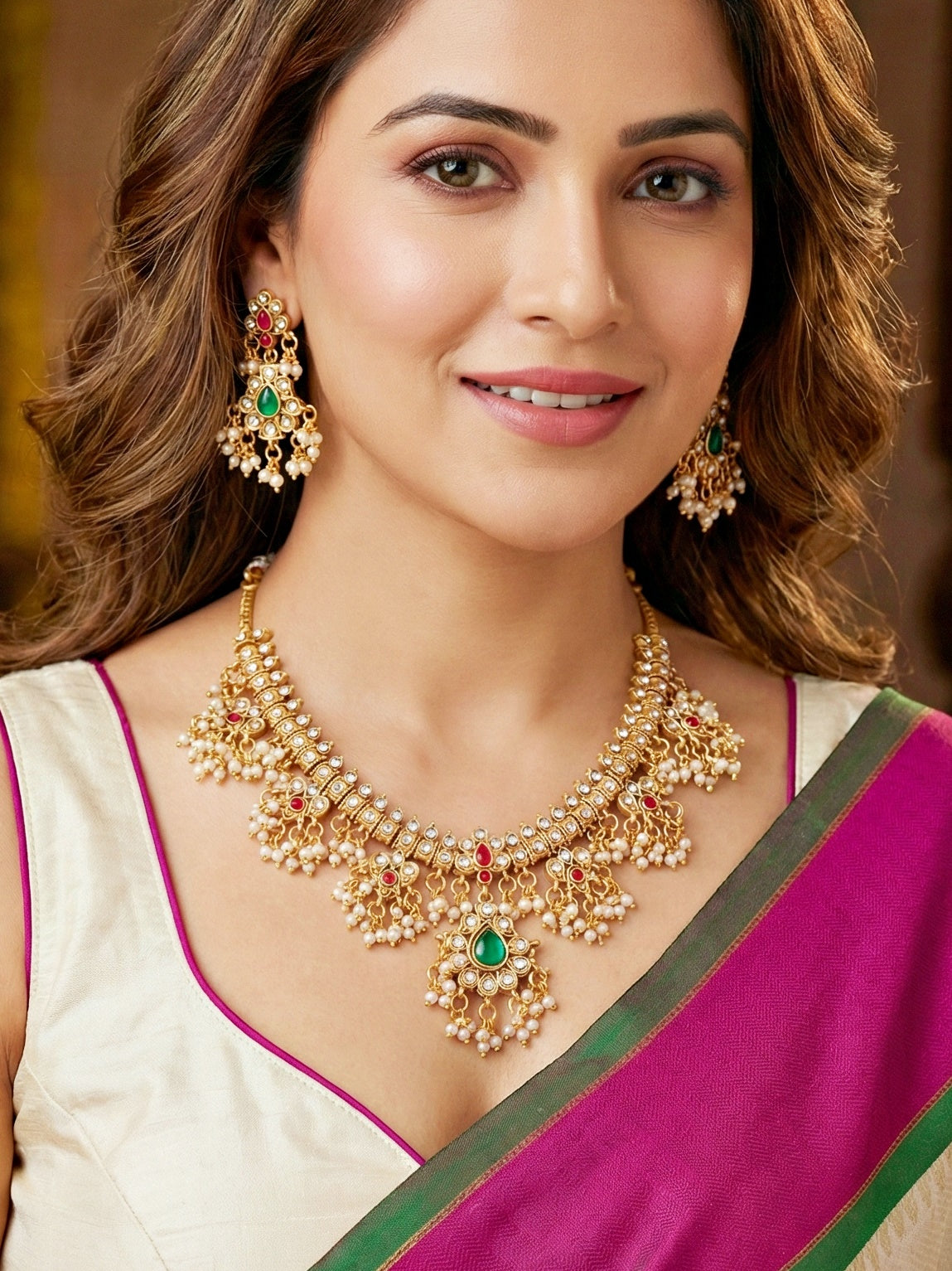 Exquisite Indian Ethnic Gold Plated 2-Piece Choker and Long Necklace Set with Pearl Tassels & Matching Earrings for Women - Premium Bridal, Wedding & Festive Wear (2063-ISR-2302-RG)