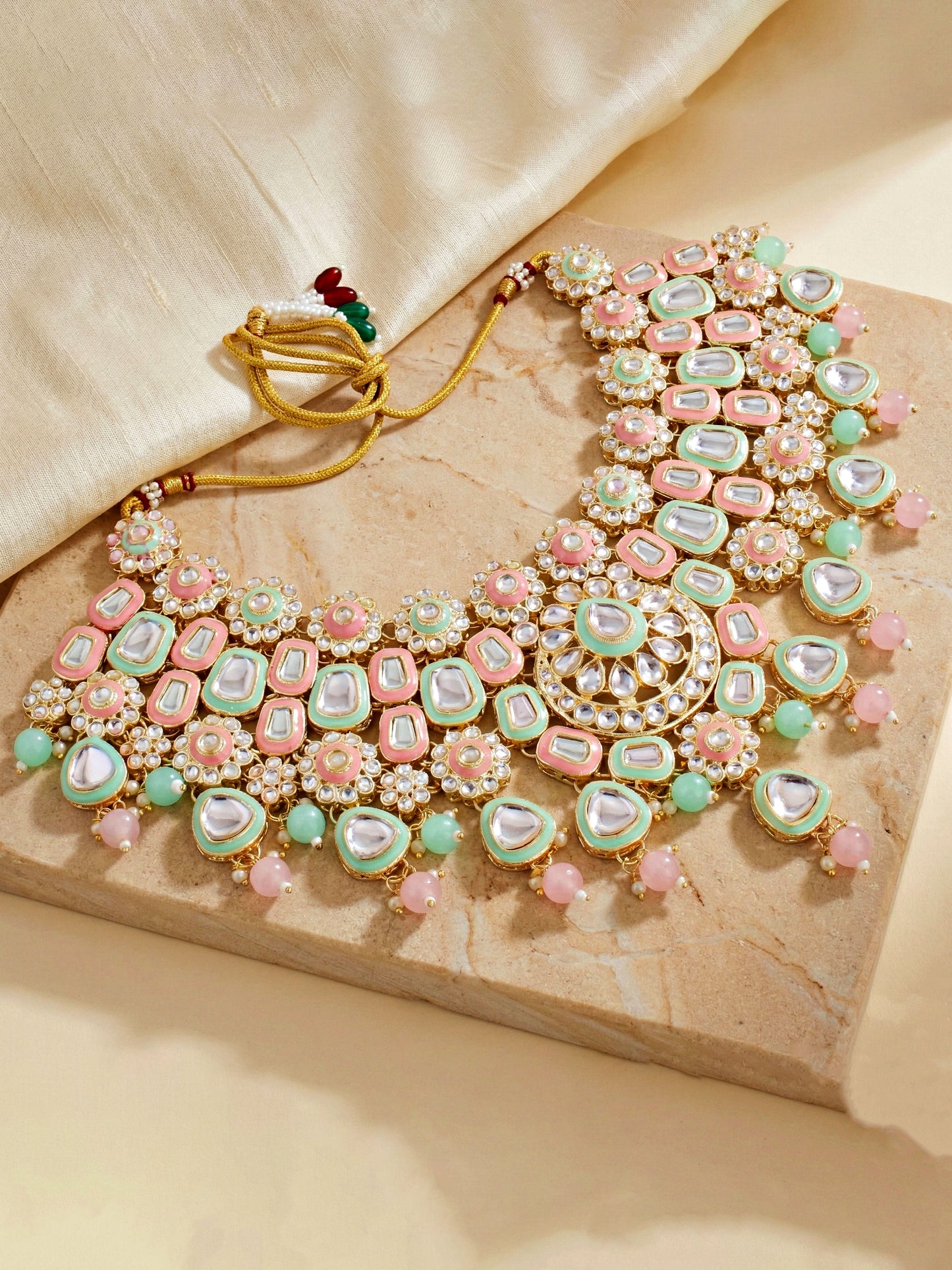 Bridal Kundan Pink Mint Multicolor Choker Jewellery Set with Hathphool & Nath (2541-IZK-554-PKMNT)