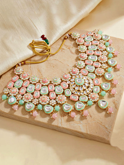 Bridal Kundan Pink Mint Multicolor Choker Jewellery Set with Hathphool & Nath (2541-IZK-554-PKMNT)