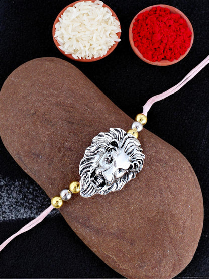 Lucky Jewellery Designer Oxidised Silver Rakhi - Rakshabandhan Lion Design Rakhee Bracelet for Brother/Bhaiya/Bhai/Bhabhi - Pack of 1 (140-CHR1-1175-S-1)