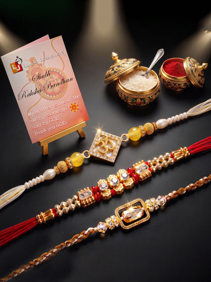 Lucky Jewellery Set of 3 Rakhi with Om & Crystal Pendants, Smooth White Beads, Roli Chawal & Card (160-S7R1-2321-3)