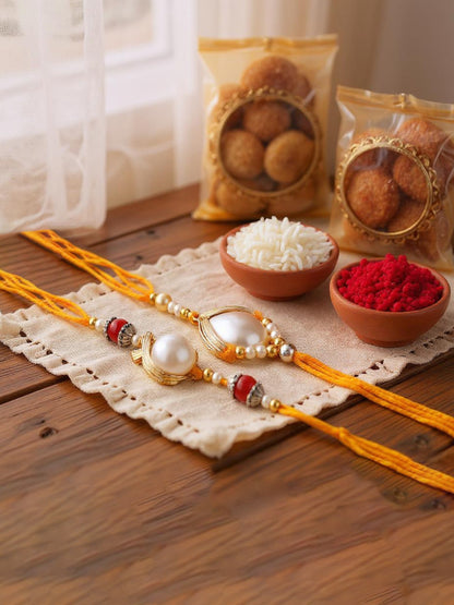 Lucky Jewellery Designer Gold Plated Pearl Rakhi - Rakshabandhan Rakhee Lumba Bracelet for Brother Bhaiya Bhai Bhabhi - Pack of 2 (275-CHR1-1137-2)