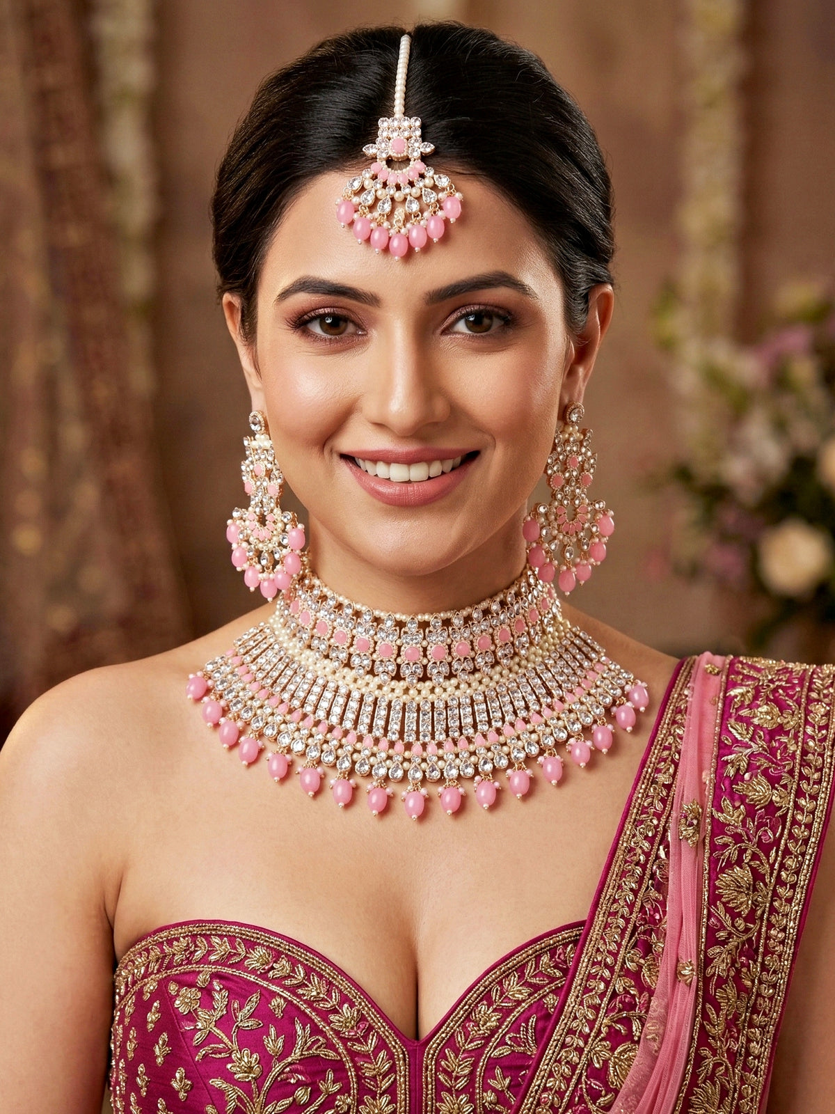 Rose Gold Plated AD Pink Stone & Pearl Bridal Choker Jewellery Set with Maang Tikka (974-B5SP-007-PK)