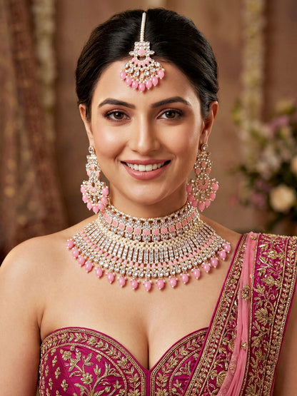 Rose Gold Plated AD Pink Stone & Pearl Bridal Choker Jewellery Set with Maang Tikka (974-B5SP-007-PK)