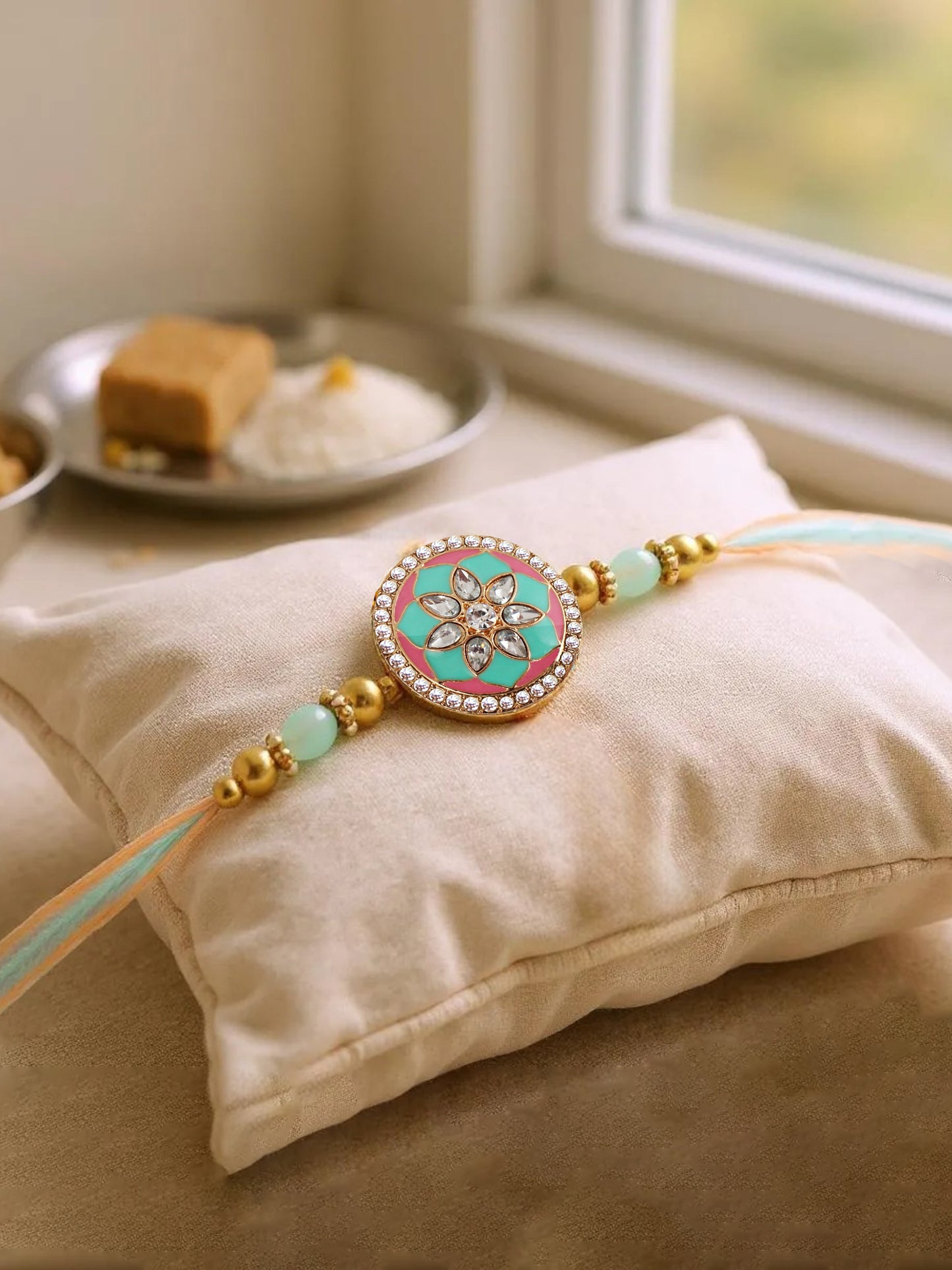 Lucky Jewellery Designer Gold Plated Pink and Mint Meena Stone Rakhi - Rakshabandhan Rakhee with Tasseled Lumba Bracelet for Brother Bhaiya Bhai Bhabhi - Pack of 2 (325-CHCR1-1152-PKMNT-2)