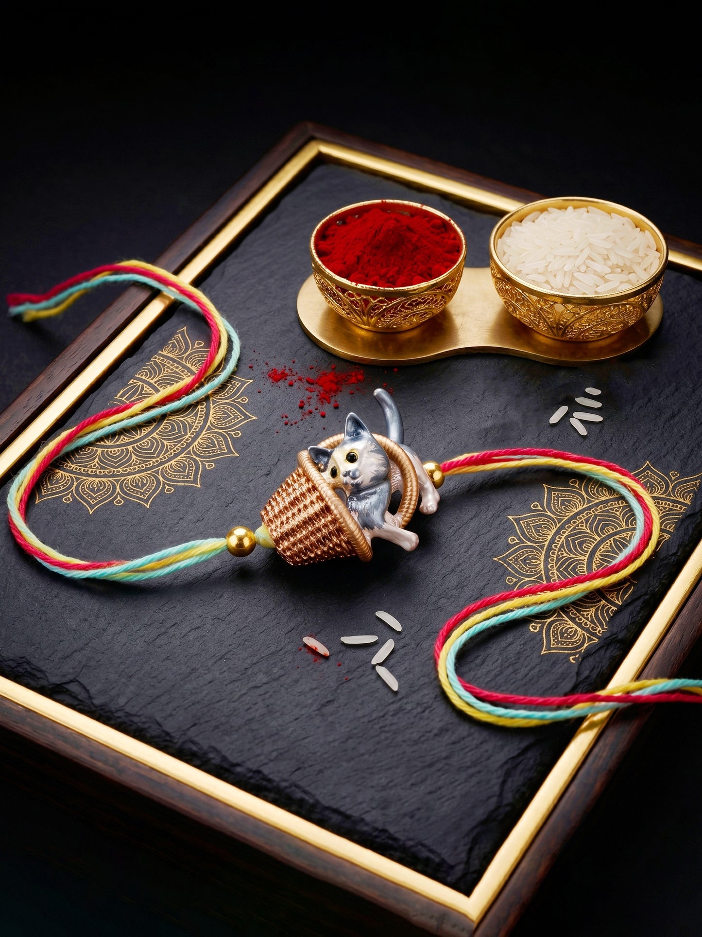 Kids Cute Kitten in Basket Rakhi for Brother with Metallic Beads, Roli Chawal & Card (225-CHR1-1314-1-2026)