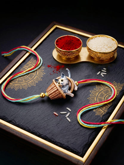 Kids Cute Kitten in Basket Rakhi for Brother with Metallic Beads, Roli Chawal & Card (225-CHR1-1314-1-2026)