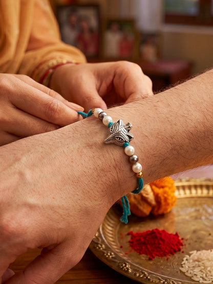 Set of 2 Oxidised Silver Fox Rakhi for Brother with White Beads, Roli Chawal & Card (70-JPR1-1955-2-2026)