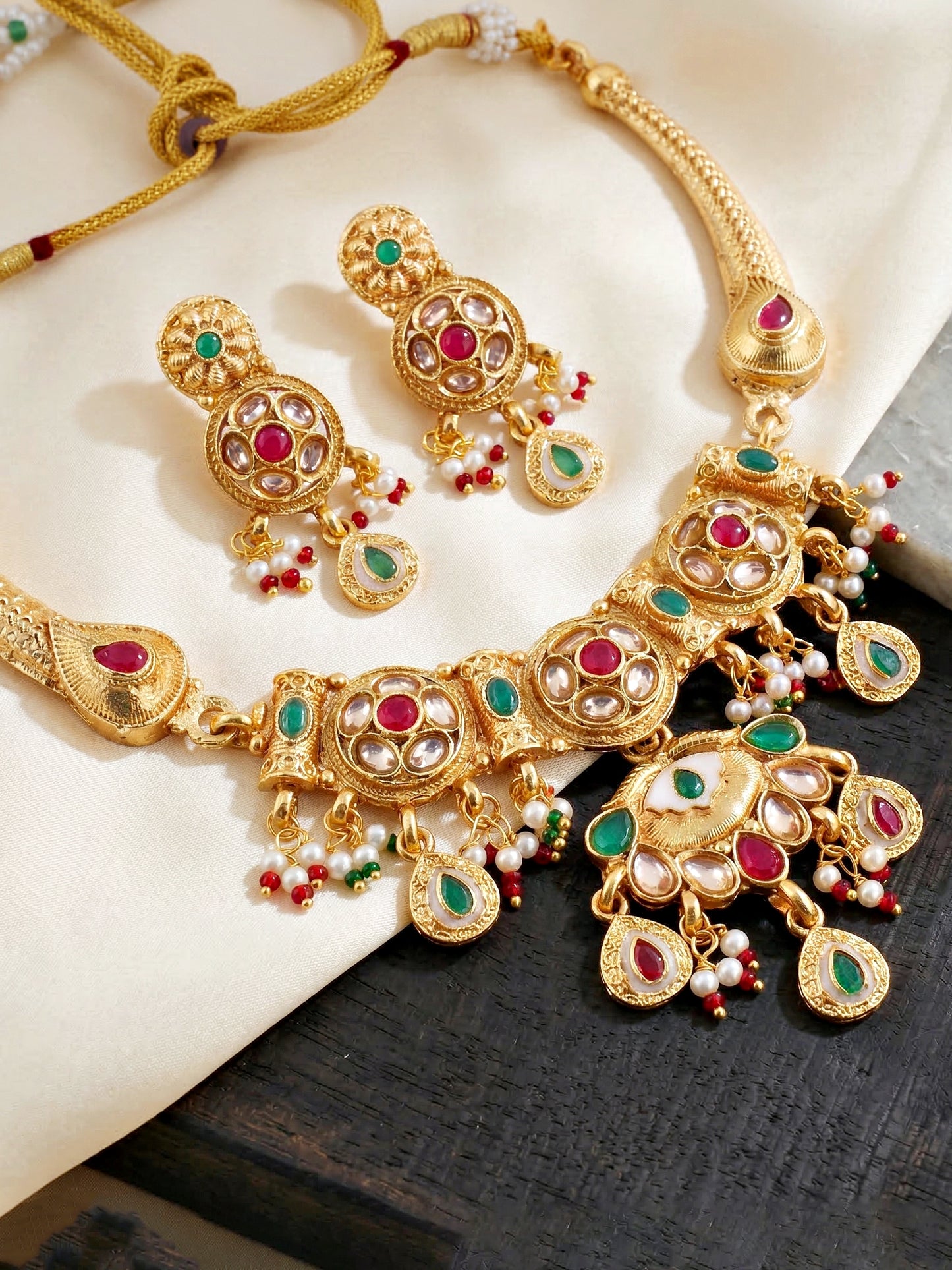 Lucky Jewellery Gold-Plated Ruby & Green Color Necklace Set (750-G2SR-268-RG)