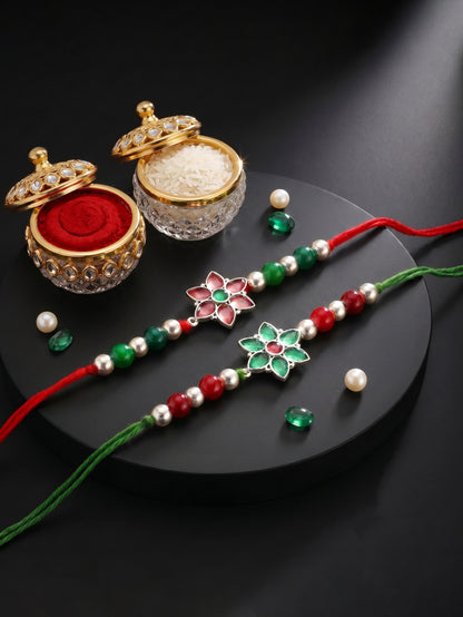Set of 2 Floral Rakhi for Brother with Maroon & Green Enamel, Beads, Roli Chawal & Card (102-JPR1-1970-S-2-2026)