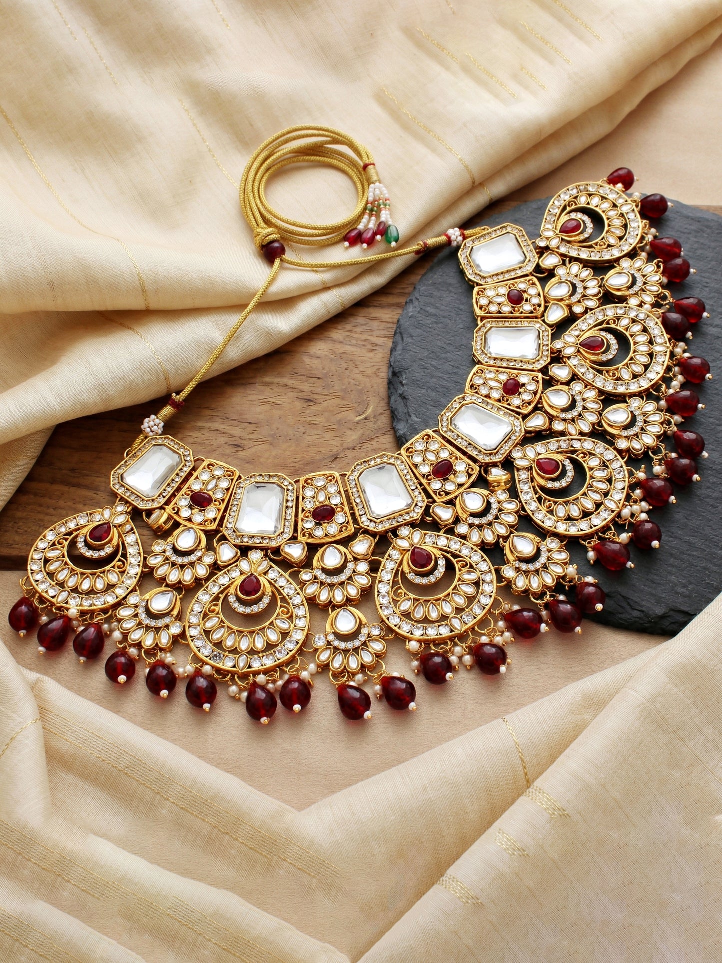 Bridal AD Maroon Stone Heavy Choker Jewellery Set with Sheesh Patti, Nath & Jhumka (3300-M8ZK-1106-M)