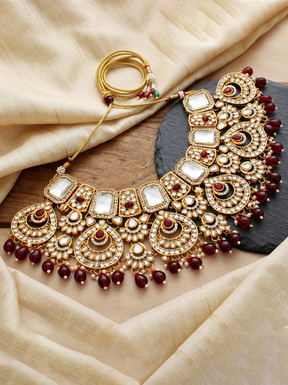 Bridal AD Maroon Stone Heavy Choker Jewellery Set with Sheesh Patti, Nath & Jhumka (3300-M8ZK-1106-M)