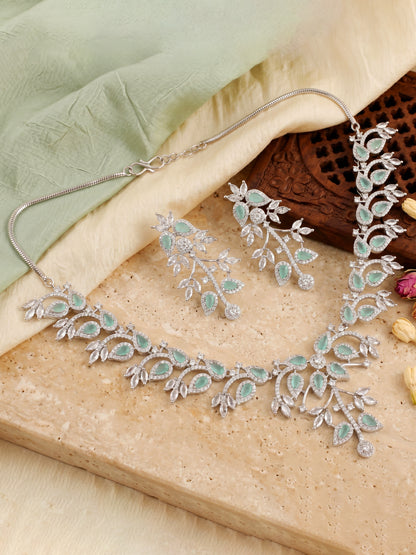 Lucky Jewellery Silver-Tone Turquoise Stone & American Diamond Necklace Set with Earrings for Women – Office, Party & Function Wear (1948-K4SA-2241-MNT-S)