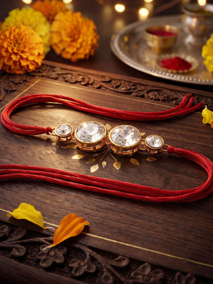LUCKY JEWELLERY Traditional Rakhi for Brother/Bhaiya – Gold Plated Red Thread Rakshabandhan Rakhie in White Stones for Bhai/Bhabhi (Pack of 1) – Fancy Rakhee Bracelet Rakshasutra (76-L1R1-10-W-1-2026)