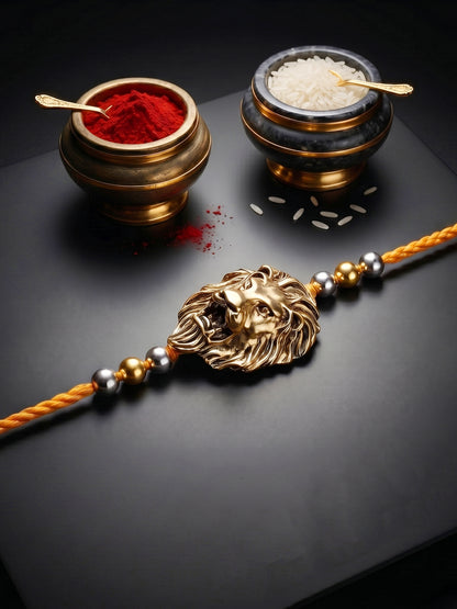 Golden Lion Pendant Rakhi for Brother with Metallic Beads, Roli Chawal & Card (140-CHR1-1175-1-2026)