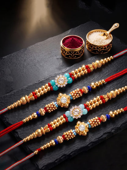 Lucky Jewellery Set of 4 Rakhi with Small Crystal Floral Centerpieces, Gold-Tone Beads, Roli Chawal & Card (58-S7R1-2314-4)