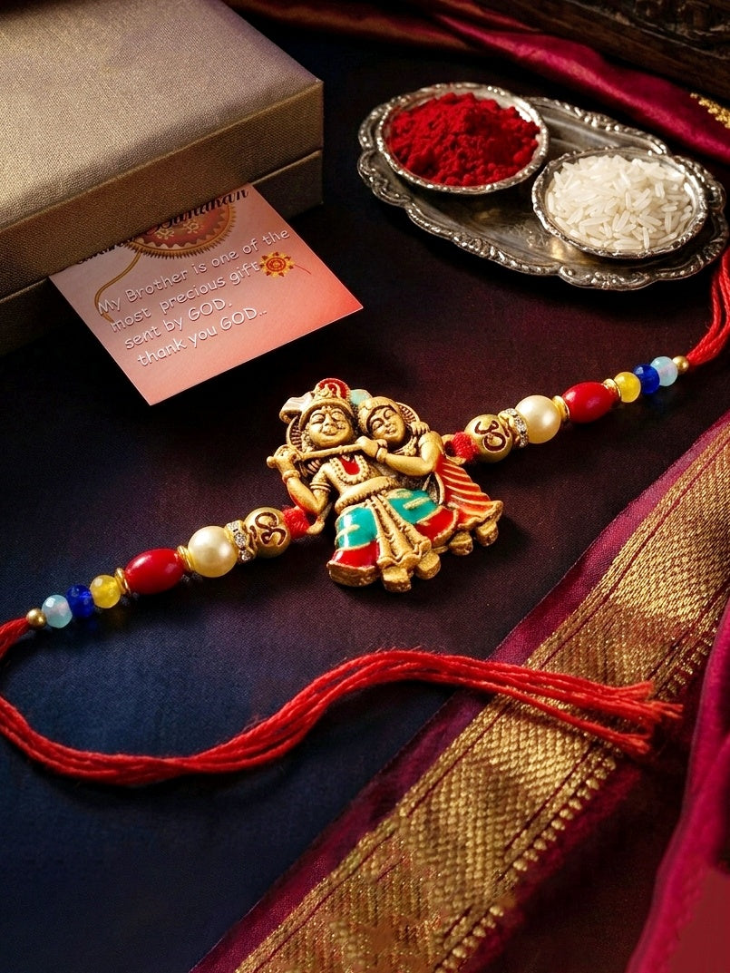 Divine Radha Krishna Beaded Rakhi For Brother With Roli Chawal And Card (72-S5R1-AR2930)