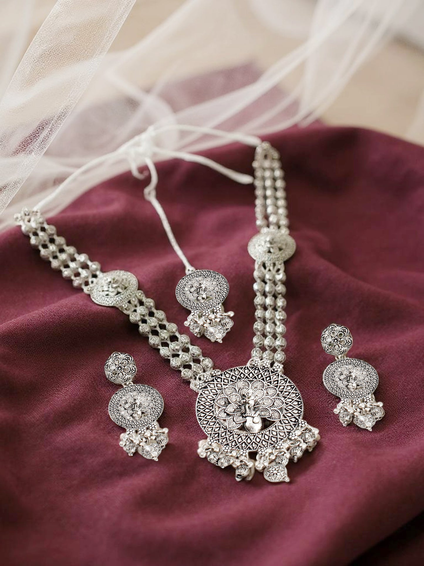 Oxidised Silver Peacock Design Long Necklace Set for Women & Girls