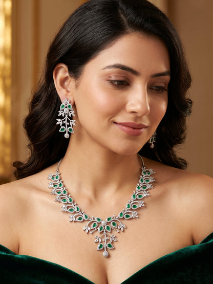 Lucky Jewellery Silver-Tone Green Stone & American Diamond Necklace Set with Earrings for Women – Office, Party & Function Wear (1948-K4SA-2241-G-S)
