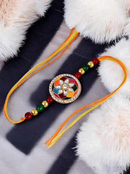 Lucky Jewellery Designer Gold Plated Multi Meena Stone Rakhi - Rakshabandhan Rakhee with Tasseled Lumba Bracelet for Brother Bhaiya Bhai Bhabhi - Pack of 2 (325-CHCR1-1152-MT-2)