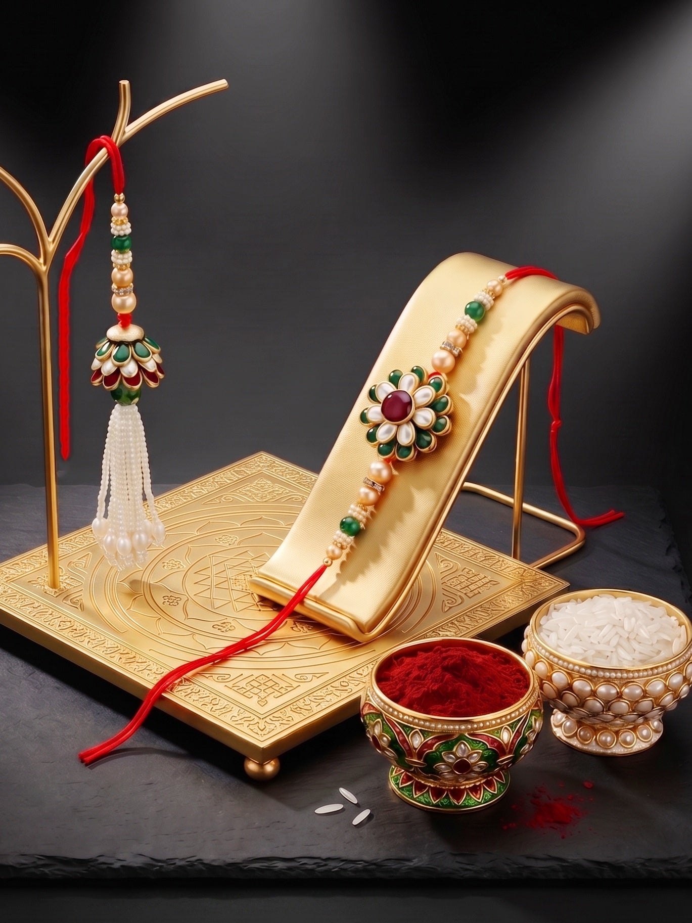 Set of 2 Bhaiya Bhabhi Rakhi Set with Floral Pendant, Maroon Stones & Beads, Tassel Lumba (173-JPCR1-1858-MG-2-2026)