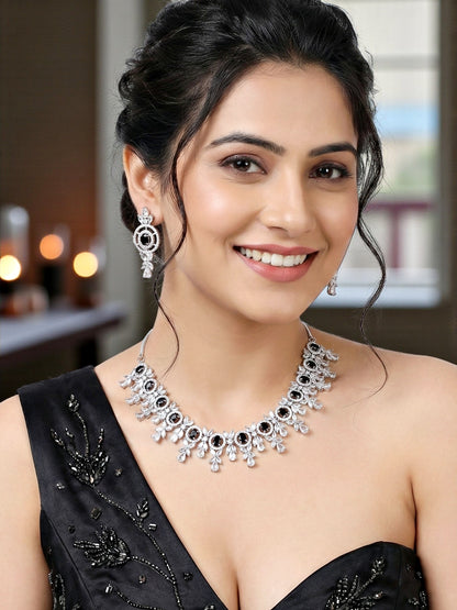 Silver-Tone Black Stone & American Diamond Necklace Set with Earrings for Women – Office, Party & Function Wear (1717-K4SA-2242-BL-S)