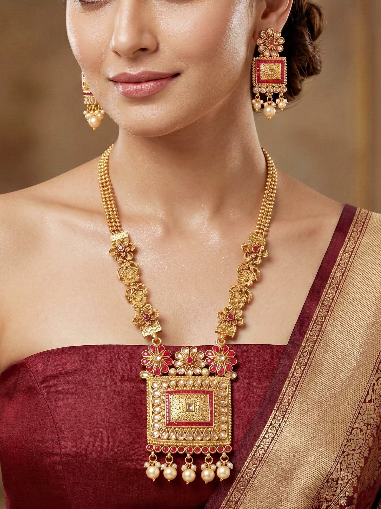 Lucky Jewellery Gold-Plated Ruby Color Traditional Necklace Set (726-G2SR-197-R)