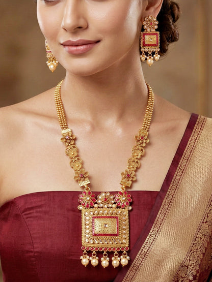 Lucky Jewellery Gold-Plated Ruby Color Traditional Necklace Set (726-G2SR-197-R)
