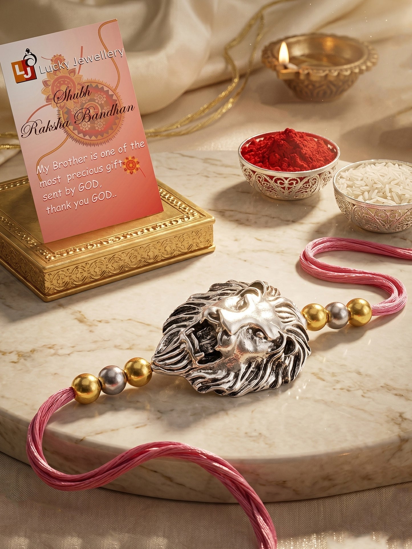 Silver Lion Pendant Rakhi for Brother with Metallic Beads, Roli Chawal & Card (140-CHR1-1175-S-1-2026)