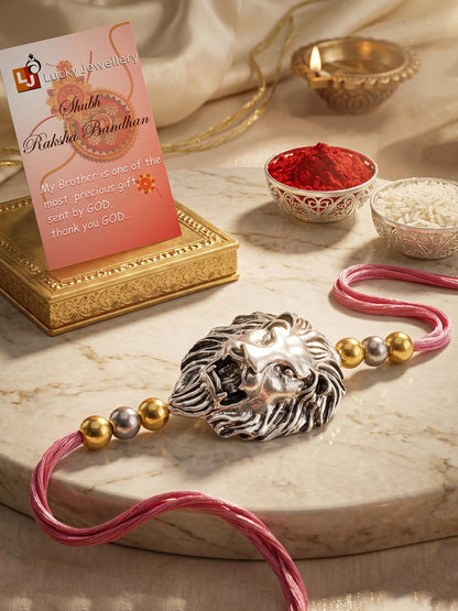 Silver Lion Pendant Rakhi for Brother with Metallic Beads, Roli Chawal & Card (140-CHR1-1175-S-1-2026)