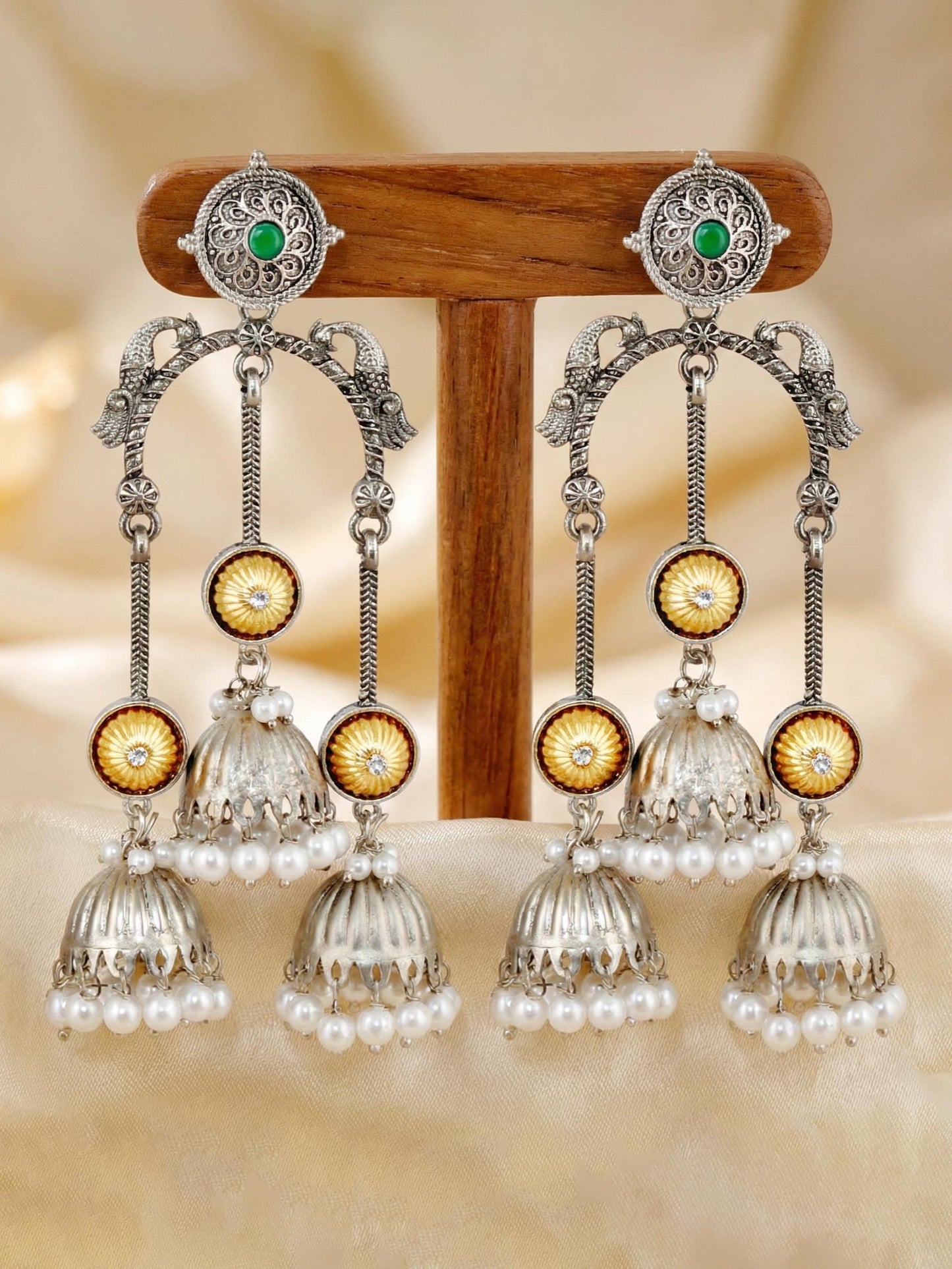 LUCKY JEWELLERY Oxidised Silver & Gold Kashmiri Jhumka Earrings with Ruby & Green Beads (654-KEO-20825-G-SG)