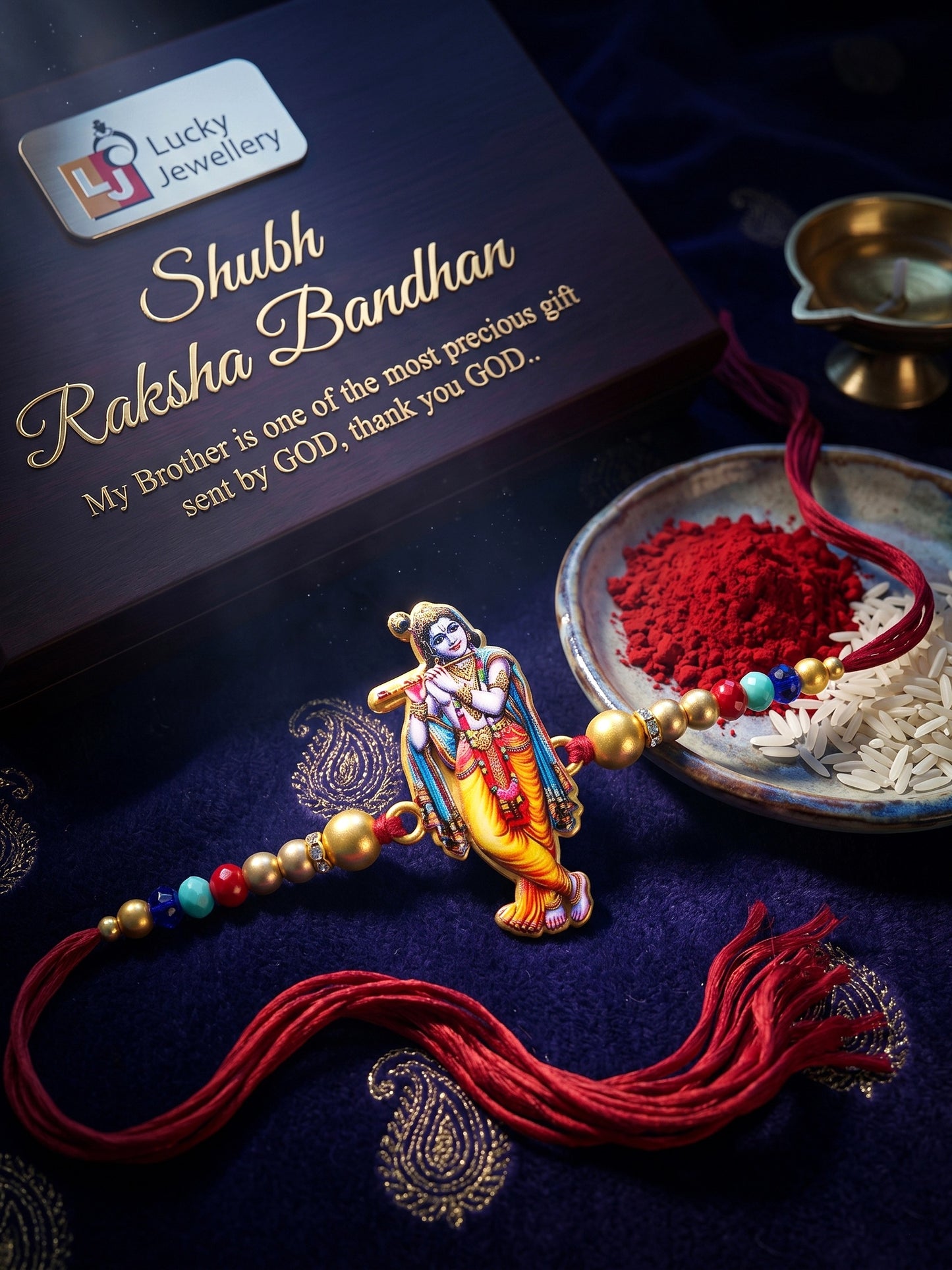 Spiritual Flute-Playing Krishna Beaded Rakhi Set For Brother With Roli Chawal & Card (84-S5R1-JCP328)