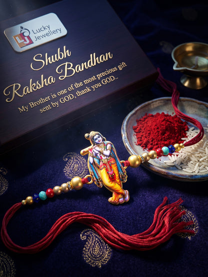 Spiritual Flute-Playing Krishna Beaded Rakhi Set For Brother With Roli Chawal & Card (84-S5R1-JCP328)