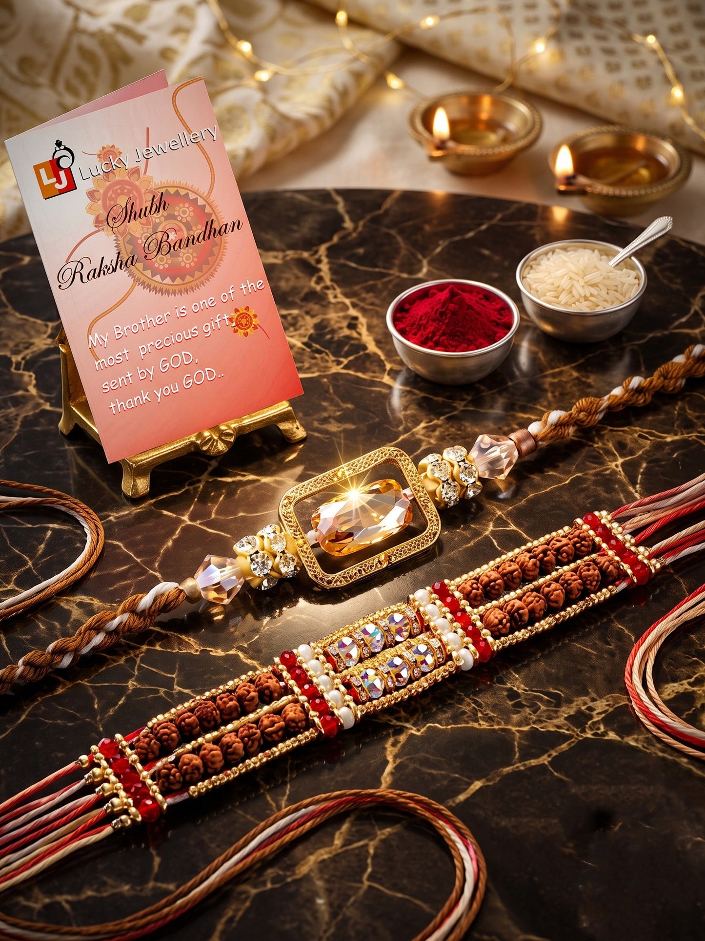 Designer Combo of 2 Rectangular Centerpiece Stone & Rudraksha Style Rakhi by Lucky Jewellery with Red Accents, Roli & Chawal (174-S7R1-2315-2)