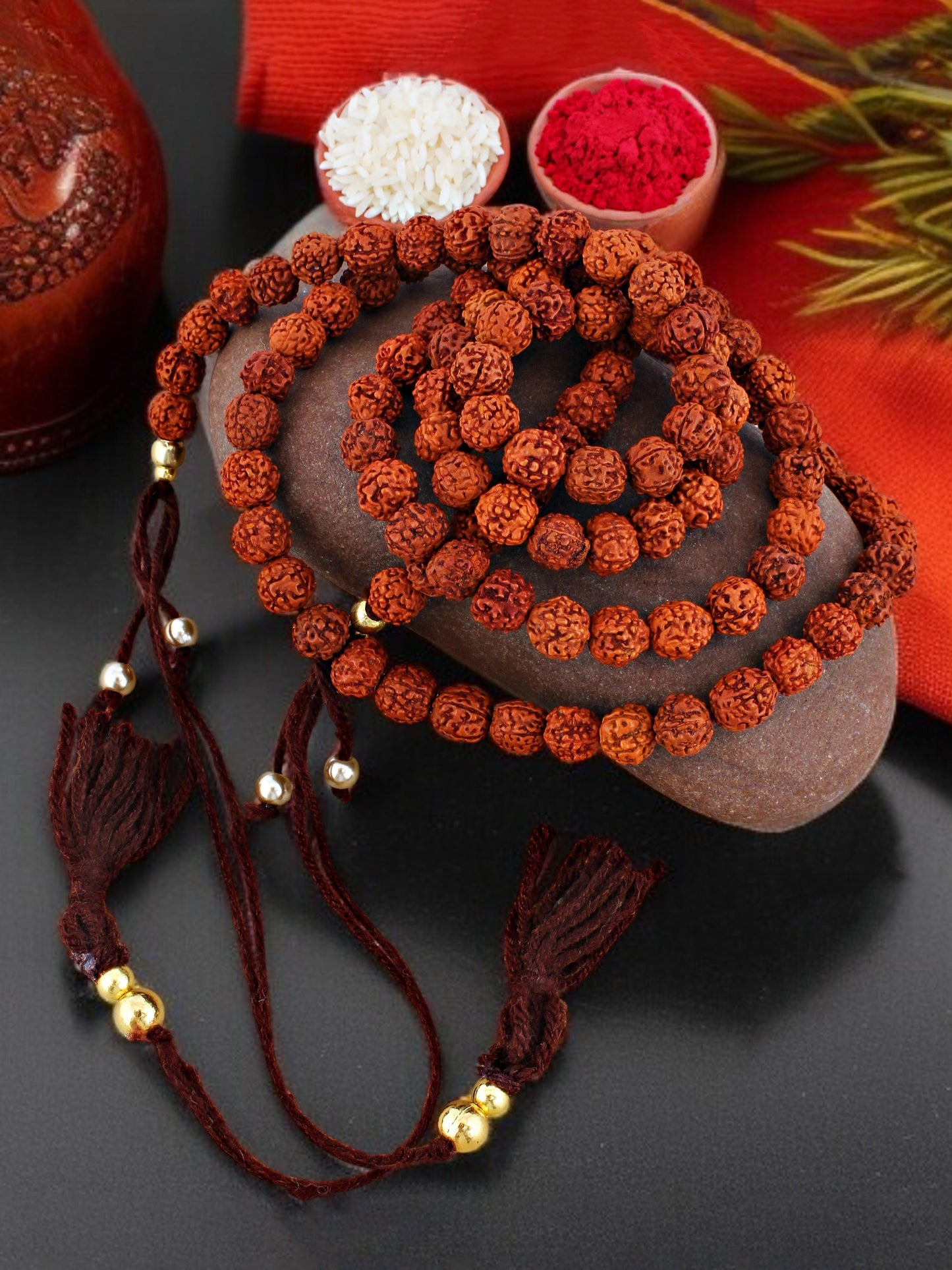 Lucky Jewellery Designer Religious Rakhi - Rakshabandhan Multi Layered 108 Beads Immitation Rudraksh Rakhee Lumba Bracelet for Brother Bhaiya Bhai Bhabhi - Pack of 1 (528-RRR1-1989-1)