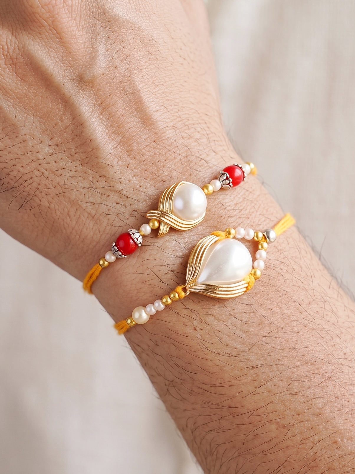 Set of 2 Designer Rakhi for Brother, White Stone Centerpieces with Golden Beads, Roli, Chawal (275-CHR1-1137-2-2026)