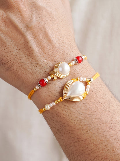 Set of 2 Designer Rakhi for Brother, White Stone Centerpieces with Golden Beads, Roli, Chawal (275-CHR1-1137-2-2026)