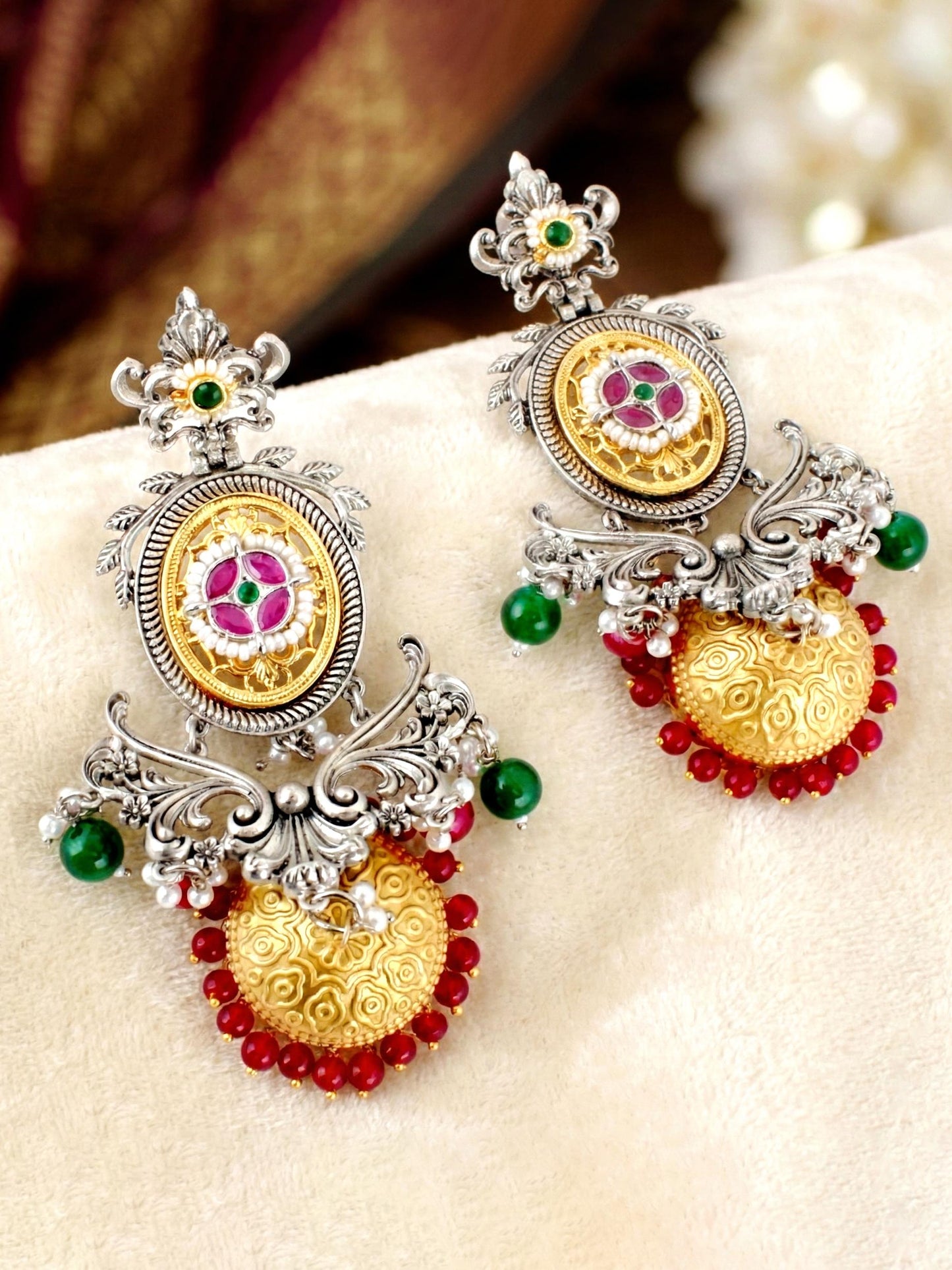 LUCKY JEWELLERY Oxidised Silver & Gold Traditional Jhumka with Ruby & Green Beads Earrings For Girls & Women| Kashmiri Style jhumkee Earing Set | Birthday Gift Earrings Valentine Anniversary Gift