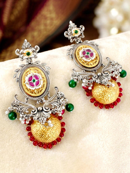 LUCKY JEWELLERY Oxidised Silver & Gold Traditional Jhumka with Ruby & Green Beads Earrings For Girls & Women| Kashmiri Style jhumkee Earing Set | Birthday Gift Earrings Valentine Anniversary Gift