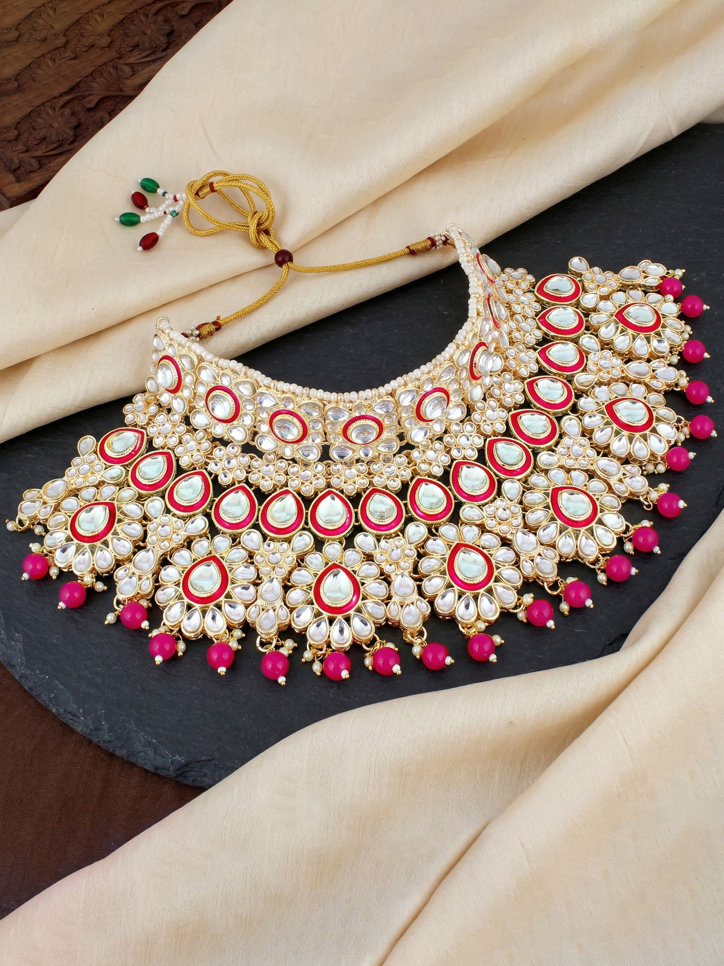 Bridal Kundan Red Heavy Choker Jewellery Set with Hathphool & Nath (2640-IZK-551-R)
