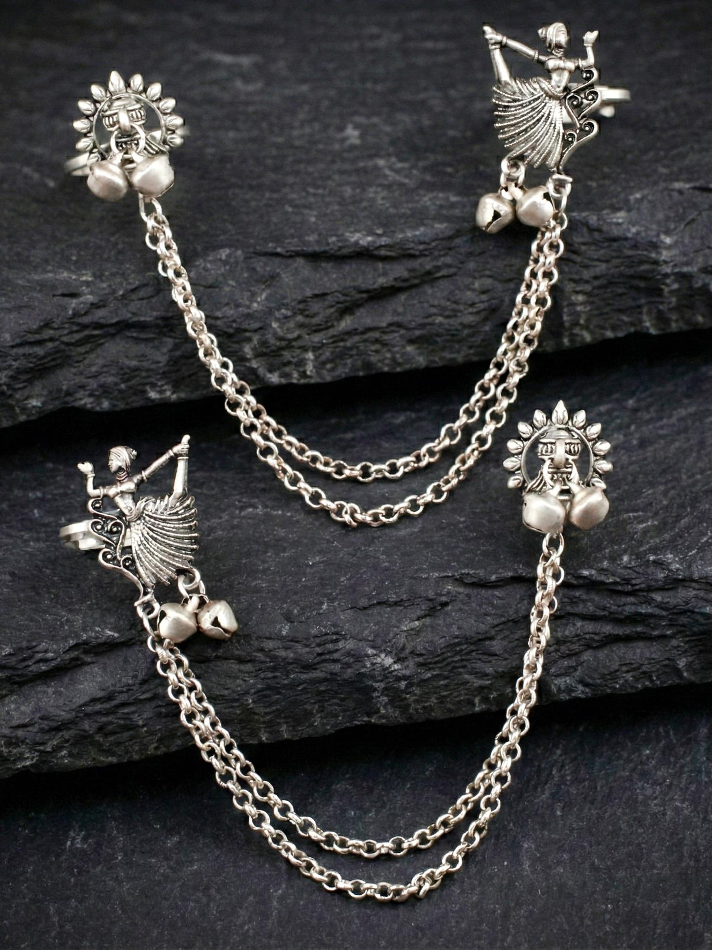 Oxidised Silver Tribal Dancer Ear Cuff with Ghungroo Chain Earrings For Girls & Women (258-KK2O-10672)
